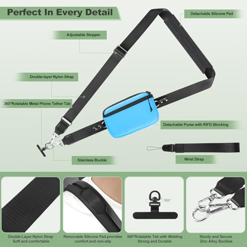 Image of YFWE Clip and Go Strap for Phone with Wallet Crossbody, Adjustable Phone Lanyard with Detachable RFID Wristlet Wallet & Ultra-Thin 360 Rotatable Metal Tabs for All Smartphones (Blue)