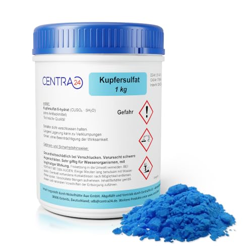 Kupfersulfat 1kg in Dose von Centra24 Made in GERMANY ohne Antibackmittel Kupfervitriol Kupfer-II-sulfat-5-hydrat CUSO4 5H2O Kristallzucht Blaustein Verkupfern