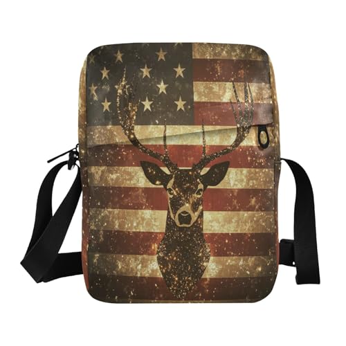 crossbody messenger bag mens crossbody Everyday Purses Adjustable Strap for outdoor sports outdoor sports- American Flag Deer