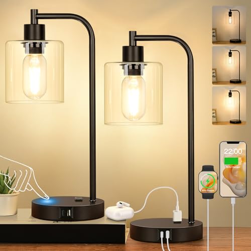 Set of 2 Industrial Touch Control Table Lamps with USB C+A Ports and AC Outlet - 3-Way Dimmable...