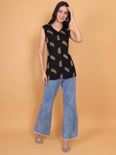 Image of StyFun Women Viscose Rayon Ethnic Motifs Printed Sleeveless Kurti with V-Neck Black Ideal Gift for Girls