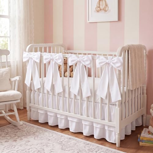 Image of Smoothnovelty White Crib Bed Skirts with 4 Large Cot Bow 28 inch x 52 inch,14 inch Drop