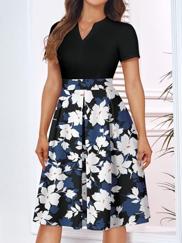 Image of YATHON Womens Elegant Print Notched Neck Slant Pocket Pleated Hem Casual A-Line Dress