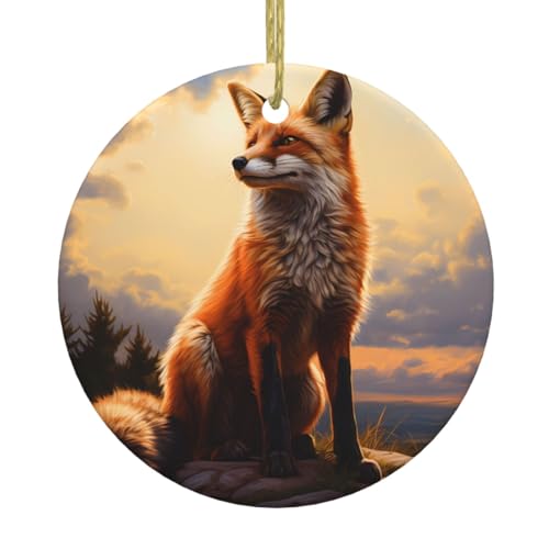 WHJWZY Colgante redondo de cerámica de Navidad para decoración festiva y regalo de zorro de nieve en la colina impreso
