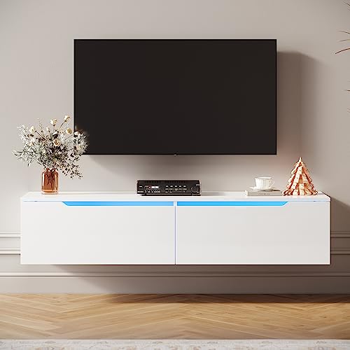 SIRHONA Meuble TV LED, Meuble TV Blanc Laqué éclairage LED avec 16 Couleurs Ajustables, Plateau TV Haute Brillance, Design sans Poignée, pour Le Salon ou La...