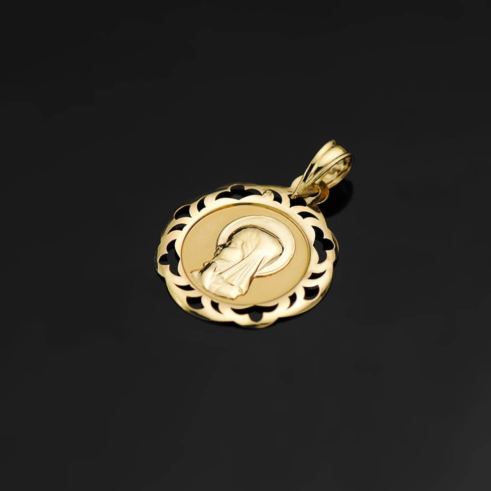 Virgen Niña medalla oro 18k Primera Comunión colgante 20mm. cerco calado brillo