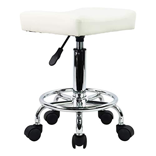 vanity stool with wheels - KKTONER Square Rolling Stool PU Leather Height Adjustable Swivel Massage SPA Salon Stools Task Chair with Footrest (White)