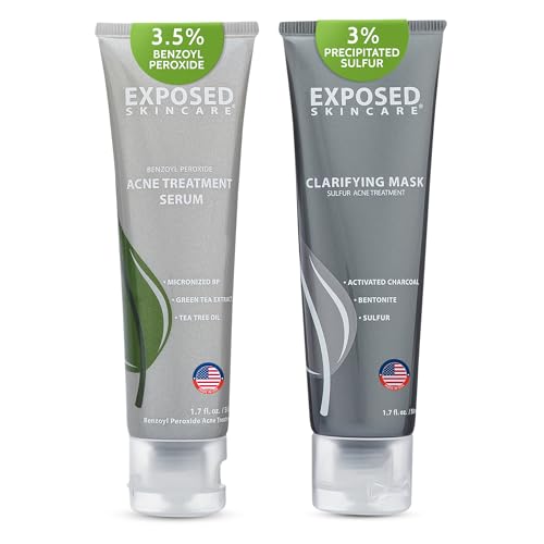 Exposed Skin Care, Acne Treatment Serum & Mask Duo with 3.5% Benzoyl Peroxide and 3% Sulfur – Dual Action Acne Treatment for Teen, Adult, Hormonal and Cystic Acne – Natural, Non-toxic and Cruelty Free