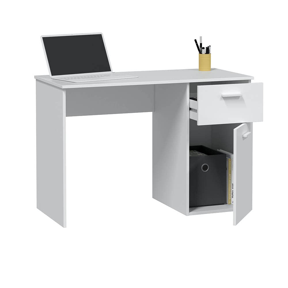 amuéblate online Estudio Lua, Mesa de Escritorio o Despacho con 1 Cajon y 1 Puerta, Madera de ingeniería, Blanco, 108 cm (Largo) x 73 cm (Alto) x 50 cm (Fondo)