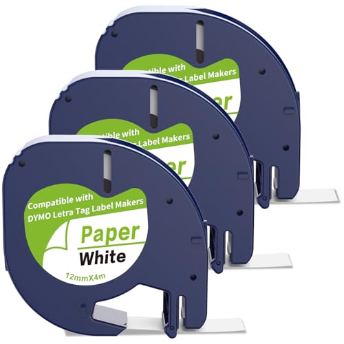 3 x Etikettenband kompatibel mit DYMO LetraTag 12 mm x 4 m Etikettiergerät schwarzer Druck auf weißem Etikettierpapier funktioniert für Dymo Letratag XR LT-100H / LT-100H