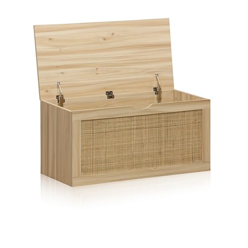 duehome | Made, Baúl, Banco de Almacenaje, Acabado en Pino y Rattan, Medidas: 80 cm (Largo) x 40 cm (Alto) x 40 cm (Fondo)