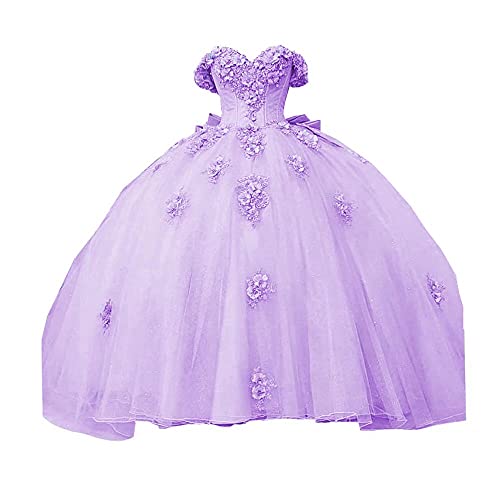 Mollybridal Fashion Ball Gown Plus Size Quinceanera Prom Dresses Mexican Charro with 3D Flowers Off Shoulder Light Purple 16