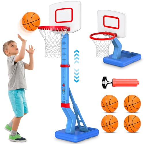 Kids Adjustable Basketball Hoop and Stand 5-Level (2.3-4.5FT/70-138cm) Indoor Outdoor Sport Toy with 4 Balls & Pump Birthday Gift for Boys Girls 3-8 Years-Blue