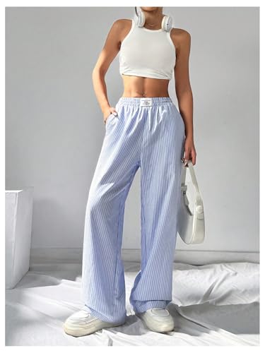 Floerns Women's Striped Elastic Waist Pants Straight Leg Casual Trousers with Pocket4