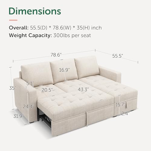 Image of HONBAY Modular Sectional Sleeper Sofa with Pull Out Bed, L Shaped Couch with Storage Seat Sectional Couches for Living Room,Mid Beige
