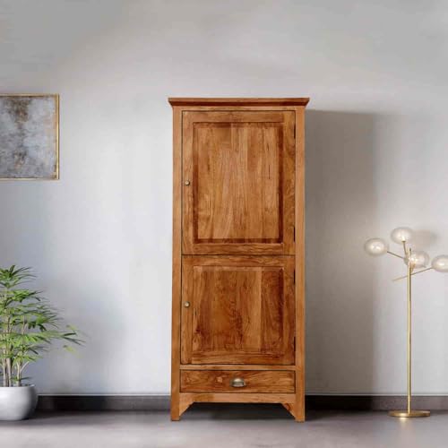 Image of APRODZ Mango Wood Wardrobe for Bedroom 1-Door Unique Front Almirah for Storage /Space Saving 1-Drawer Storage Organizer Rack Clothes Cupboard for Bedroom (Natural)