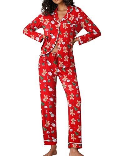 Ekouaer Pajamas Women's Long Sleeve Sleepwear Soft Button Down Loungewear Pjs Lounge Set Nightwear,Christmas Red with Gingerbread Man,Medium