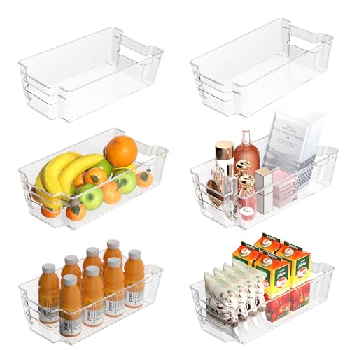 6 Pack Clear Refrigerator Storage Bins, Stackable Plastic Fridge Organizer Kitchen Pantry Storage Bins with Handles for Snacks, Freezer, Kitchen Cupboard, and Cabinet Organization