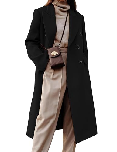 Kinghua Wollmäntel für Damen, Herbst, Winter, Kleid, Erbsenmantel, zweireihig, lang, Trenchcoat, Peacoat, Schwarz, Medium