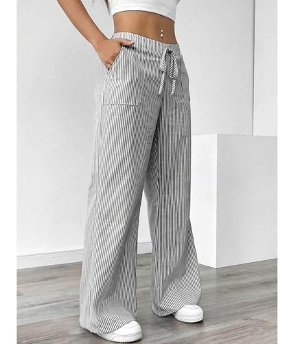 SEMATOMALA Women's Striped Wide Leg Lounge Wear Pants Elastic Waist High Waisted Trousers with Pockets2