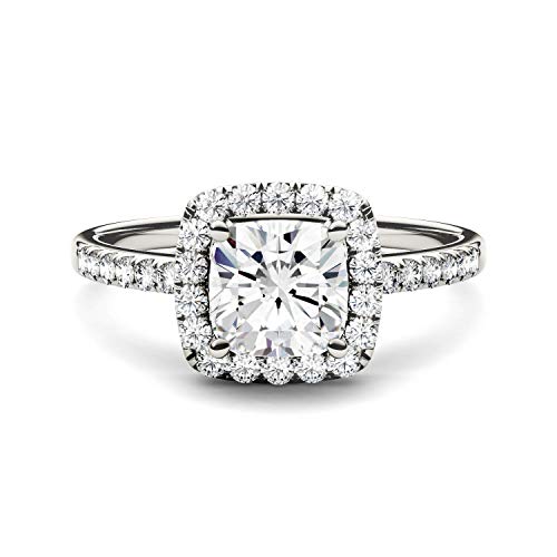 Charles & Colvard Created Moissanite 6mm Cushion Cut Engagement Ring for Women | 1.4 cttw DEW | Lab Grown | Solid 14K White Gold with Rhodium