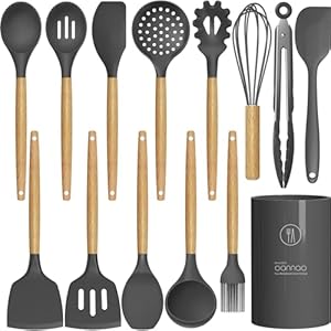14 Pcs Silicone Cooking Utensils Kitchen Utensil Set – 446°F Heat Resistant,Turner Tongs, Spatula, Spoon, Brush, Whisk, Wooden Handle Gray Gadgets with Holder for Nonstick Cookware (BPA Free)