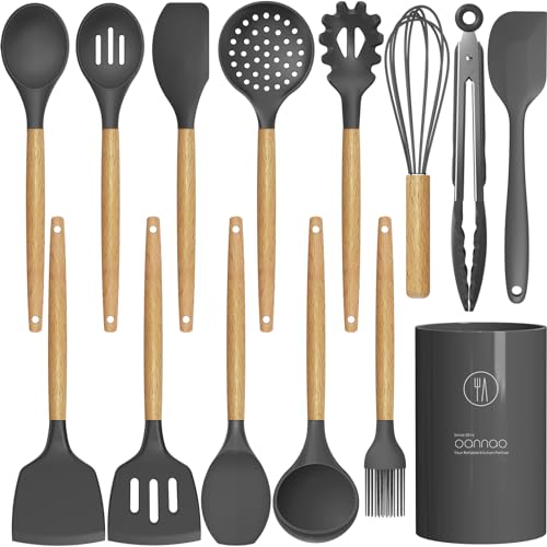 14 Pcs Silicone Cooking Utensils Kitchen Utensil Set – 446°F Heat Resistant,Turner Tongs, Spatula, Spoon, Brush, Whisk, Wooden Handle Gray Gadgets with Holder for Nonstick Cookware (BPA Free)