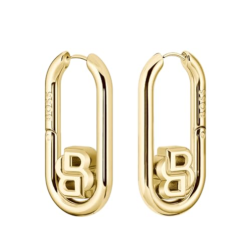 BOSS Jewelry Halskette, Gliederarmband und Ohrhänger für Damen Kollektion DOUBLE B SWING aus Gelbgoldenes Edelstahl