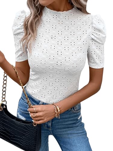 SweatyRocks Women's Mock Neck Puff Sleeve Slim Fit Elegant Tee Shirts Eyelet Top4