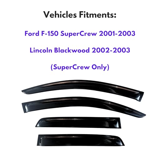 Image of KPY Window Visor Compatible with Ford F150 SuperCrew 2001-2003 & Lincoln Blackwood 2002-2003, 4PC Rain Guard Vent Deflector Tape-On, 2001 2002 2003 (SuperCrew Only)