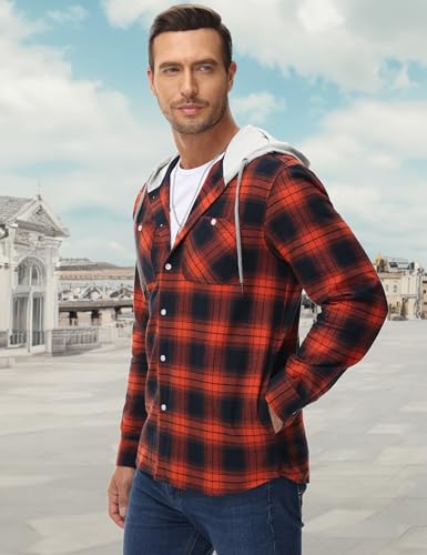 Image of MAGCOMSEN Men's Plaid Hooded Jacket Flannel Shirts Long Sleeve 4 Pockets Casual Button Down Shirts