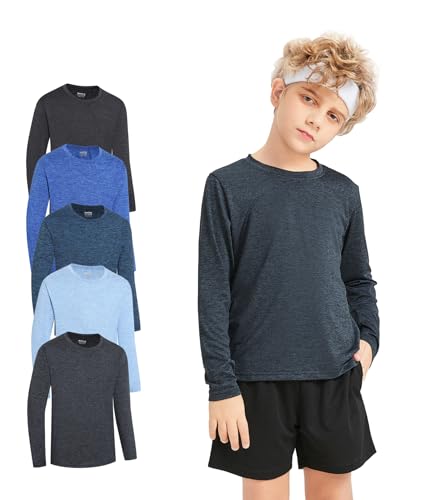 5 Pack Boys&Girls Athletic Quick Dry Long Sleeve Youth Performance Activewear T-Shirt for Kids