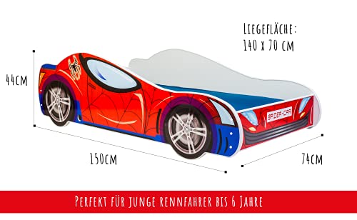 Autobett 140x70 Spielbett Kinderbett mit Lattenrost 70 x 140 Bett Kinder Rennfahrer Spider