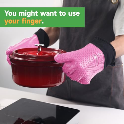 Image of GEEKHOM BBQ Gloves Heat Resistant Oven Mitts - Silicone Grilling Gloves with 13.7 inch Arm Protection - Waterproof Pot Holder Non-Slip for Men & Women, Kitchen Outdoor Cooking, Baking, Camping, Pink