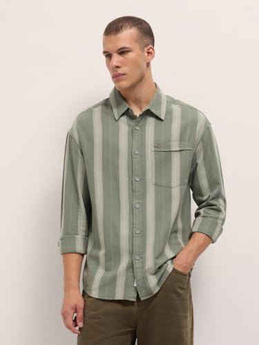 Image of THE BEAR HOUSE Men's Pure Cotton Striped Relaxed Fit Overshirt