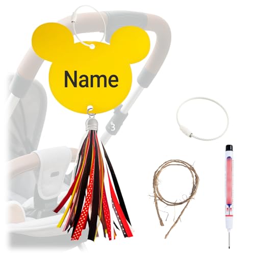 Stroller Identification Name Tag Pendant Wood Hanger with Custom Name Quickly Locate Your Stroller in Crowded Parks Airports (Yellow-Colored Tassels)