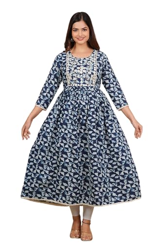Image of purple sky Women's Cotton Blend Printed Anarkari Suit with Lucknowi Work on Neck