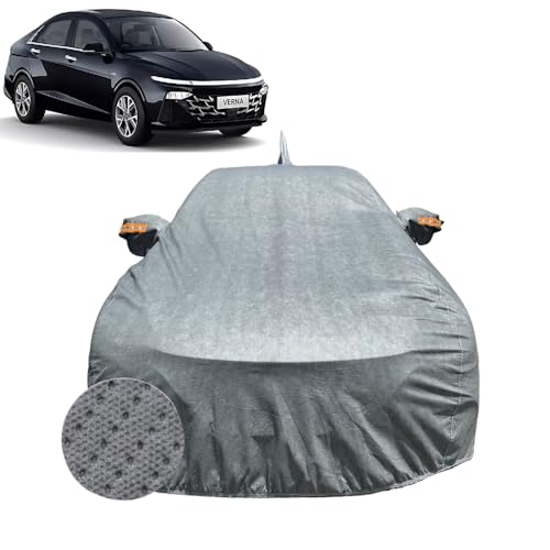 Image of Car Cover Compatible For Hyundai Verna (2023-2026)| 100% Waterproof Cover with Antenna & REFLECTIVE Mirror Pockets | Dustproof, Scratchproof, Heatproof Verna Car Cover|Soft Cotton Lining|GREY