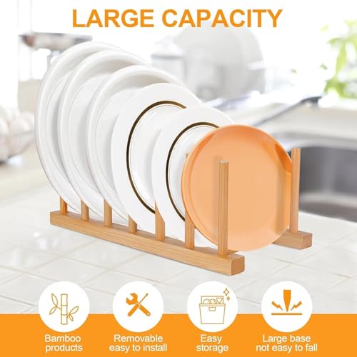 Image of CURATED CART Wooden Plate Organiser for Kitchen | Plate Stand Rack for Decor | Cabinet Plate Holder | 6 Adjustable Slots for Plates, Cup, Bowl & Dish Storage | Bamboo Wood (12x30m) | Pack of 2