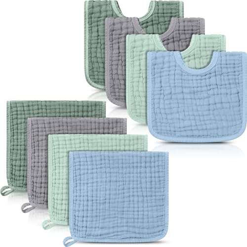 Image of Tallew 8 Pack Muslin Burp Cloths and Baby Bibs for Boy Girl 20 inch x 10 inch Cotton Baby Bandana Drool Bibs Muslin Burp Cloths Absorbent Rag for Newborn Toddler Infant Gifts(Blue Series)