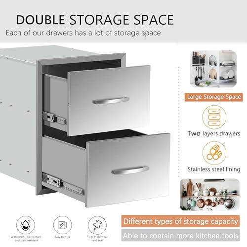 Image of 18 inch W x 23 inch H x 23 inch D Outdoor Kitchen Double Drawers Stainless Steel Flush Mount BBQ with Handles Access BBQ Island for Outdoor Kitchens or Patio Grill Station
