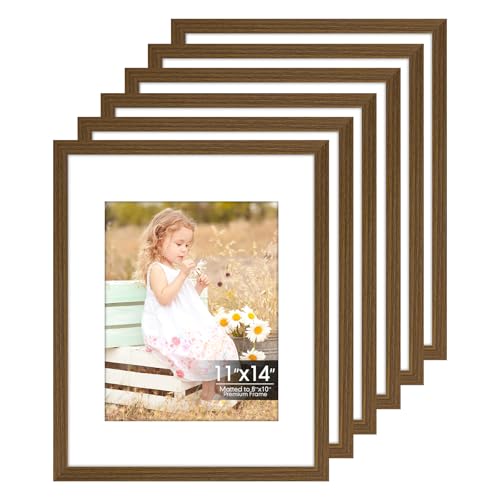 Image of 11x14 Picture Frames 6 Pack , Mat for 8x10 Photos, Shatter HD Plexiglass | Removable mat fits two photo sizes, slim frame with stand for horizontal & vertical wall mount