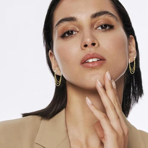 925 Sterling Silver Four Zircons Flower Stud Double Piercing Chain Earrings | Double Piercing Dangle Three Chains Hoop Earrings | Double Piercing Earrings Gifts Jewelry for Women4