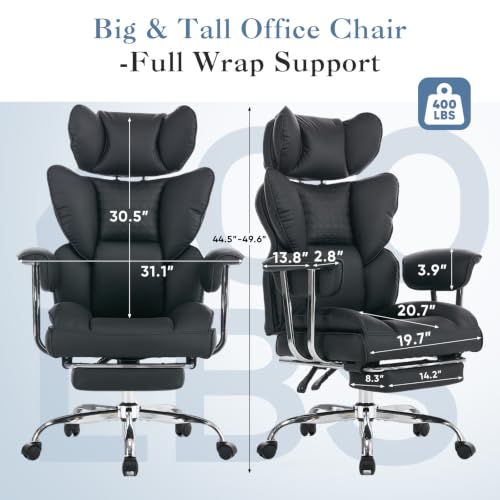 Image of DUMOS Big and Tall Home Office Desk Chair, Executive Chair with Footrest | Ergonomic Reclining, Scratch-Resistant PU Leather, Pocket Spring Support, 400 LBS Weight Capacity, Black