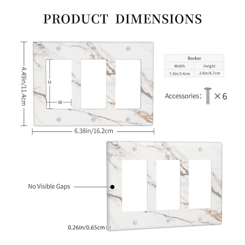 Decorative Outlet Covers Modern Grey Gold Marble Texure 3 Gang Outlet Cover Wall Plate Triple Rocker Light Switch Cover Plate Switch Plate Covers for Kitchen Bathroom Home Decor