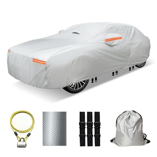 OWEEIO 30 Layers Car Cover for Automobiles All Weather Waterproof, Outdoor Snowproof UV Protection Windproof, Door Zipper, Soft Cotton, Heavy Duty Universal Car Covers, (Silver, Fit Sedans 181