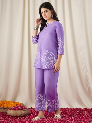 Image of Naixa Women's Lavender Cotton Printed Straight Kurta with Pant | Co-ord Set (NX-CS02)
