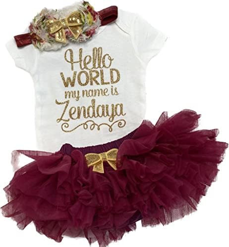 Take Home Outfit Baby Girl Outfit Personalized Name Hello World my name is Optional Tutu Bloomers Headband (Burgundy + Gold)