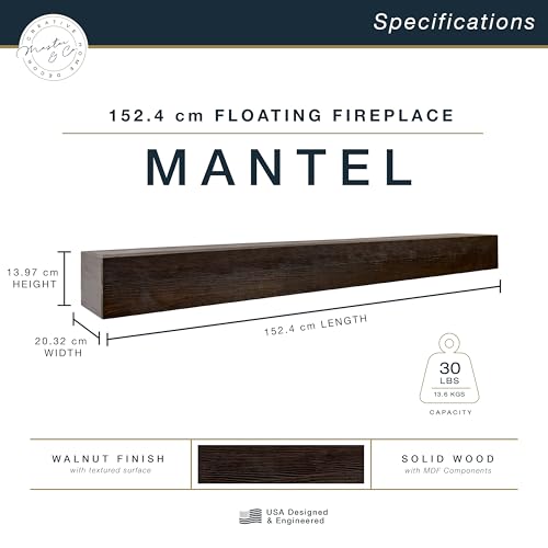 Image of MCS 60-Inch Mantel, Master & Co Espresso Finsh Solid Wood Floating Fireplace Mantel, Long Floating Shelf for Livingroom with Wood Cleat Hanging System, Photo and Home Decor Display Shelf