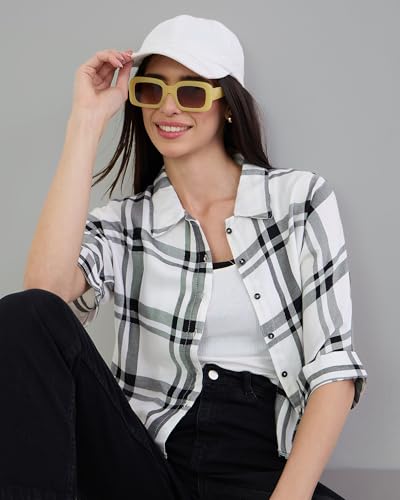 Image of Chimpaaanzee Women Checks Half Sleeve Crop Shirt